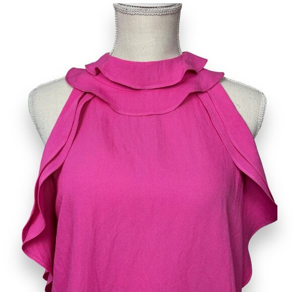 Anthropologie Entro Fuchsia Hot Pink High Neck Back Tie Ruffle Sleeve Top Sz Ls - Picture 1 of 6